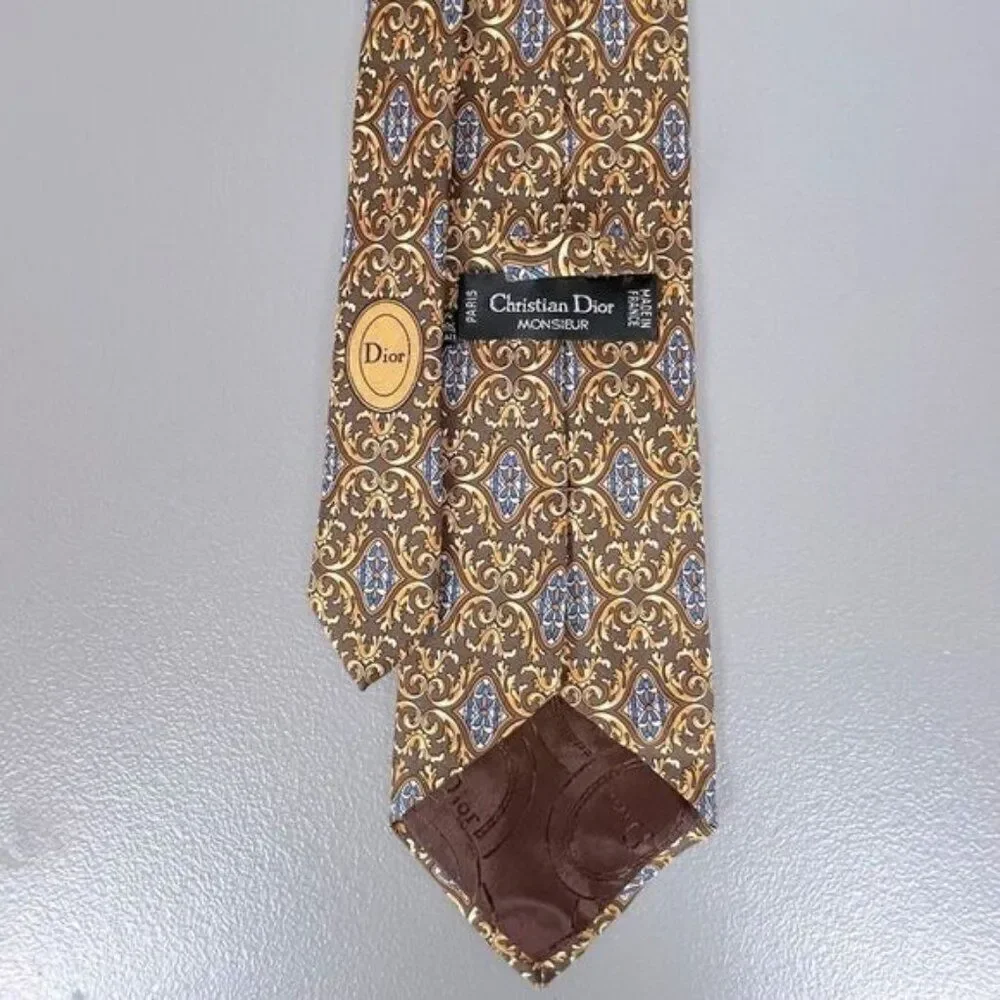 CHRISTIAN DIOR MENS SILK TIE BROWN GOLD MULTICOLORED DESIGN